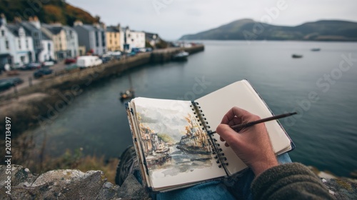 Artist sketching coastal town landscape