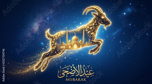 Golden goat silhouette with mosque inside for eid al adha celebration on a blue starry background