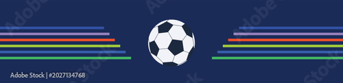 Modern soccer website banner with a clean layout featuring a football ball and horizontal colored stripes. Minimalist vector element designed for sports blog headers and newsletter templates