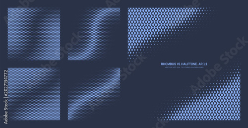 Assorted vector dark navy blue rhombus grid halftone pattern set in square 1:1 aspect ratio including twisted frame and diagonal bent borders. Half tone futuristic graphical design elements collection