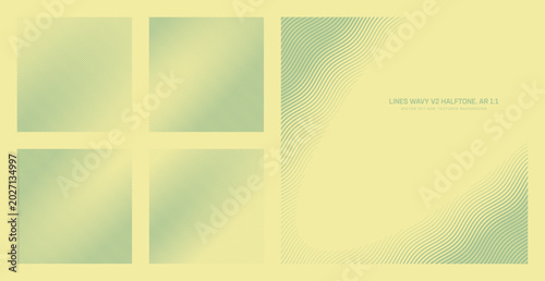 Assorted vector diagonal hatching wavy lines striped pastel yellow green halftone pattern set in square 1:1 aspect ratio including soft angled oval frame and various radial textures designs collection