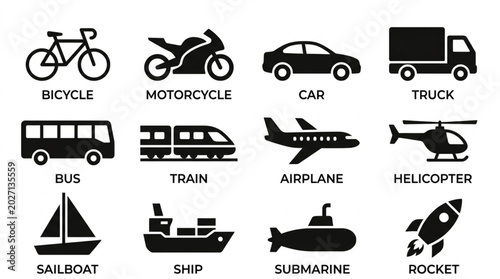 Collection of various transportation vehicle icons.