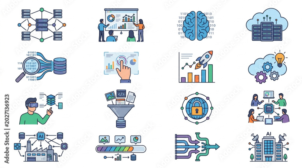 Fototapeta premium Collection of Technology and Data Icons and Illustrations.
