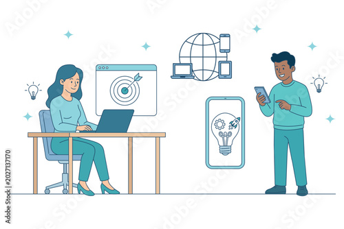 Young professionals collaborating on creative project strategy. Digital marketing, goal targeting and global communication technology with male and female characters. Online business collaboration.