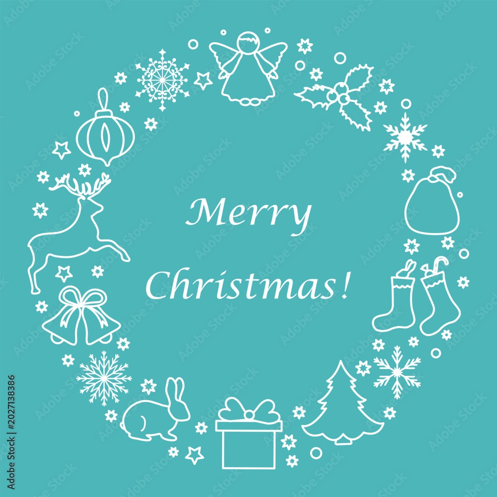 Obraz premium Christmas wreath design with holiday icons and Merry Christmas text on blue background