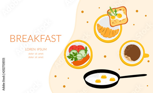 Breakfast illustration with fried eggs, toast, croissant, salad, and coffee. Includes copy space