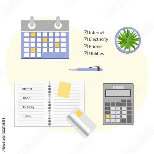 Bill payment planning with calendar, checklist, notebook, calculator, and credit card on a desk