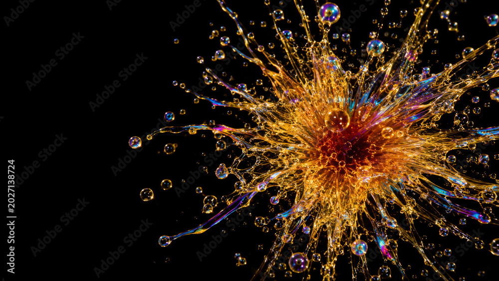 Obraz premium Golden liquid explosion creates stunning splash against black background, showcasing vibrant colors and intricate details in macro art
