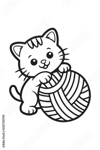 Cute Kitten Playing with Yarn Ball Cartoon Outline Vector Illustration