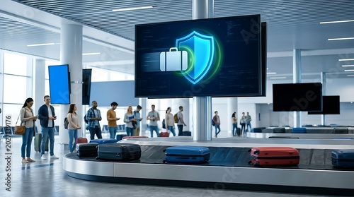 Airport baggage claim area with a digital screen displaying a luggage security icon