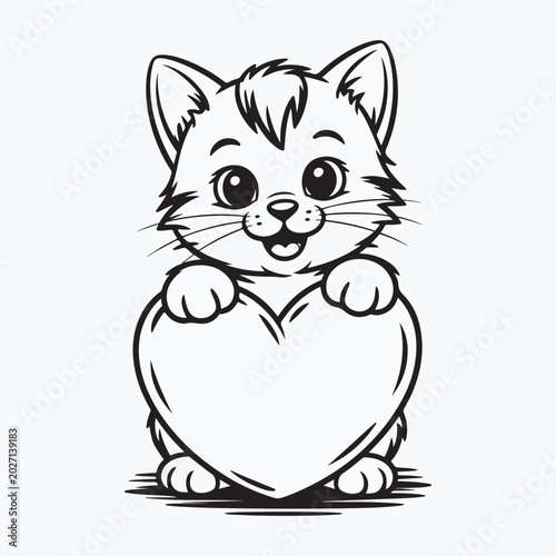 Cute Kitten Holding Heart Cartoon Outline Vector Illustration