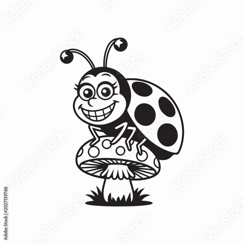 Cute Ladybug Cartoon on Mushroom – Funny Insect Character Illustration