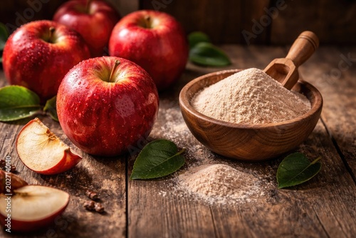 Vibrant red apples with fine apple fiber powder on aged wood table backdrop