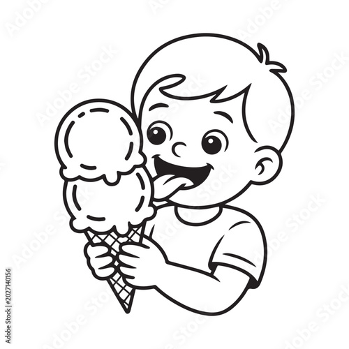 Cute Boy Eating Ice Cream Cartoon Coloring Page