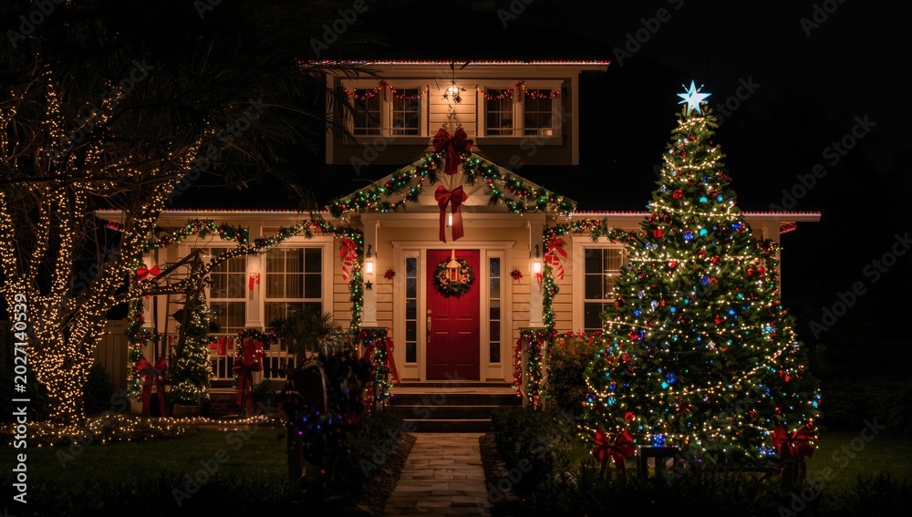 Fototapeta premium Christmas holiday home decorated with colorful lights and festive tree embellishments