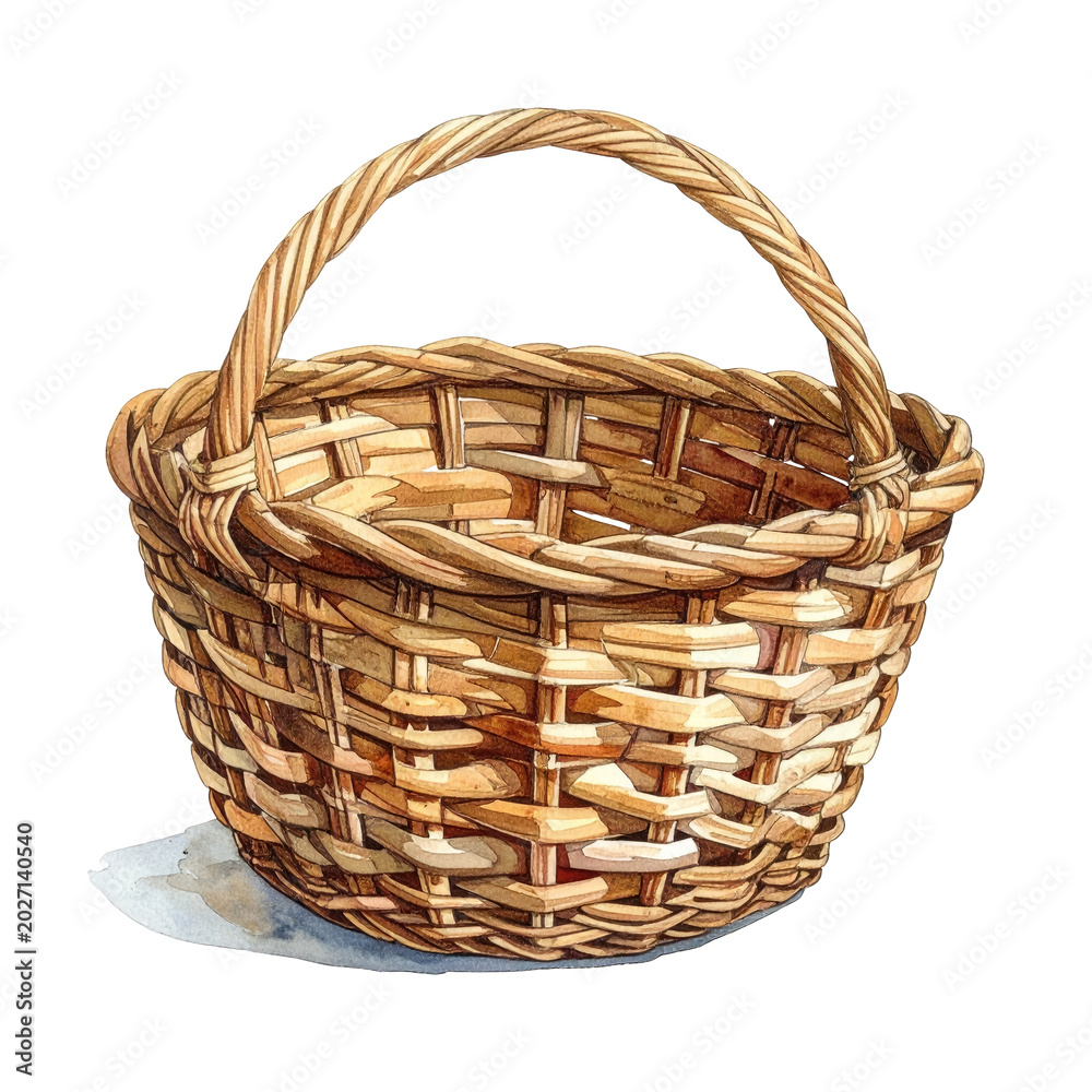 Obraz premium A watercolor illustration of an empty woven wicker basket, with a curved handle