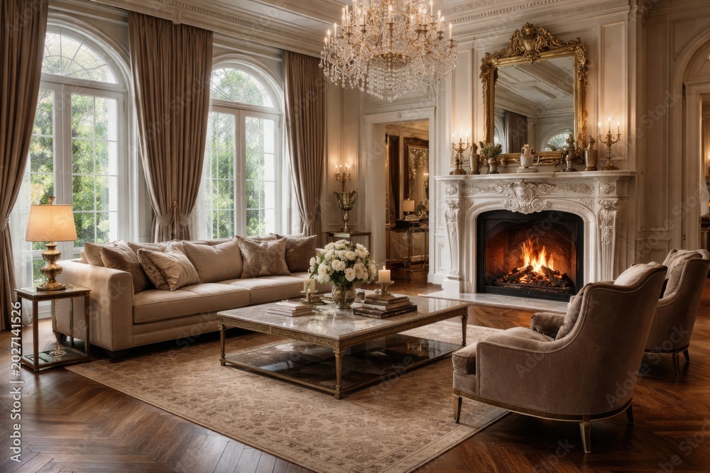 Fototapeta premium Sophisticated living room setting in a luxury home construction showcasing ornate fireplace and premium hardwood floors