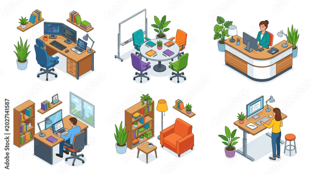 Naklejka premium Office Workspace, Meeting Room and Business Team Isometric Vector Illustration Set