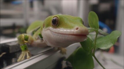 Close-up portrait of a vibrant green gecko with curious eyes peering from behind lush foliage
