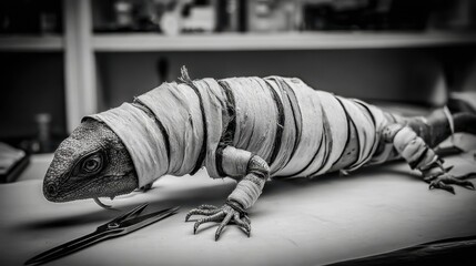 Mummified Lizard Costume Preparation, Wrapped in Bandages for a Halloween Decoration