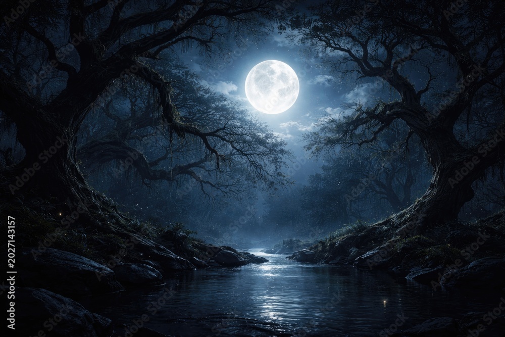 Fototapeta premium Serene night scene featuring a radiant moon illuminating twisted branches
