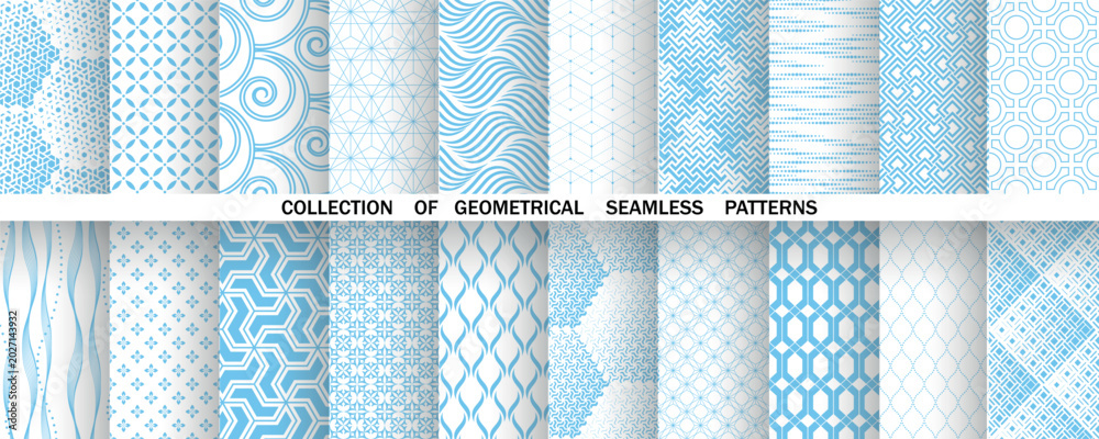 Fototapeta premium Geometric set of seamless blue and white patterns. Simple vector graphics