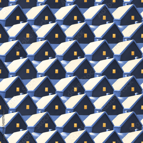 Pattern with village at night. Snowy dark houses with orange windows