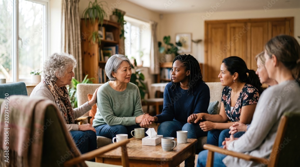 Fototapeta premium Diverse group of women holding hands and supporting each other in a living room.