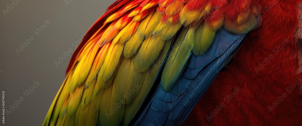 Fototapeta premium Bright feathers of a tropical Macaw bird highlighting detailed textures and natural brilliance