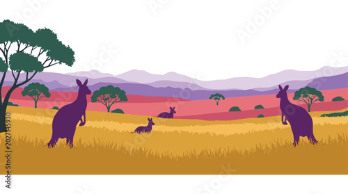 Photography Kangaroos in australian outback landscape vector illustration