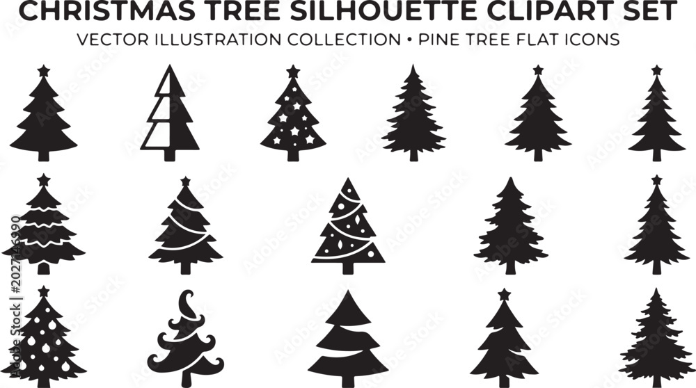 Obraz premium Vector New Year set with christmas trees. Evergreen trees with balls, stars and garlands. Fir trees
