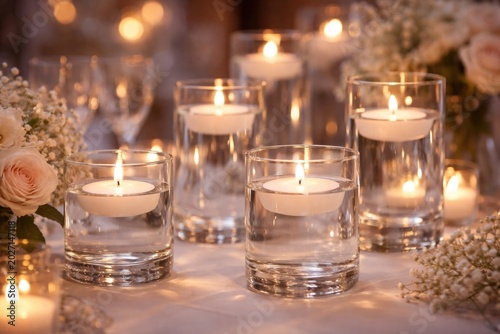 Softly lit floating candles in crystal clear glass containers for elegant parties
