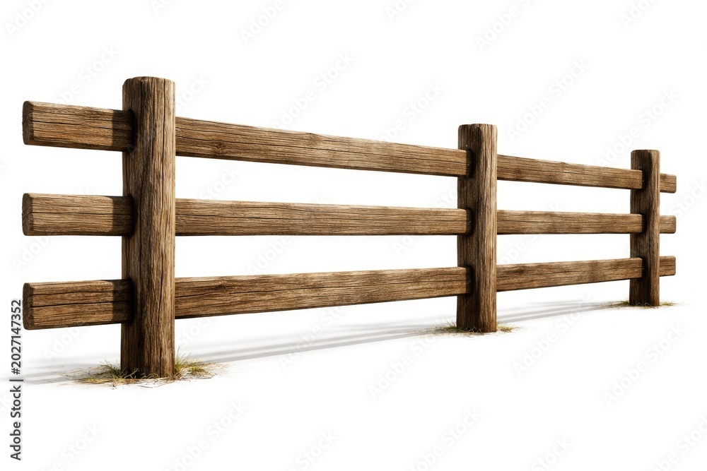 Naklejka premium Wooden ranch fence isolated on bright white background showcasing texture