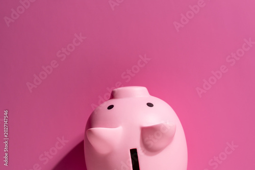 Top view of pink piggy bank on a matching pink background with ample copy space. Minimalist financial concept for savings budget bank deposits and money planning