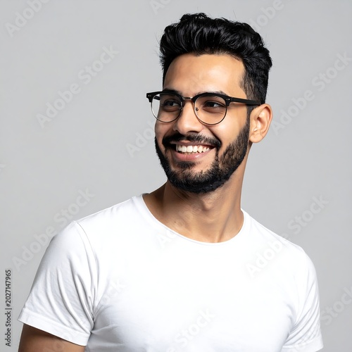 Man with glasses smiles, looking to the side