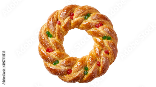 Glossy braided sweet pastry wreath with candied fruit on transparent background