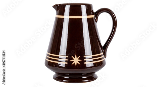 Glossy brown ceramic pitcher with cream decorative lines isolated on transparent background for kitchen design