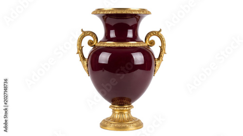 Luxury antique style red vase with ornate golden handles transparent background