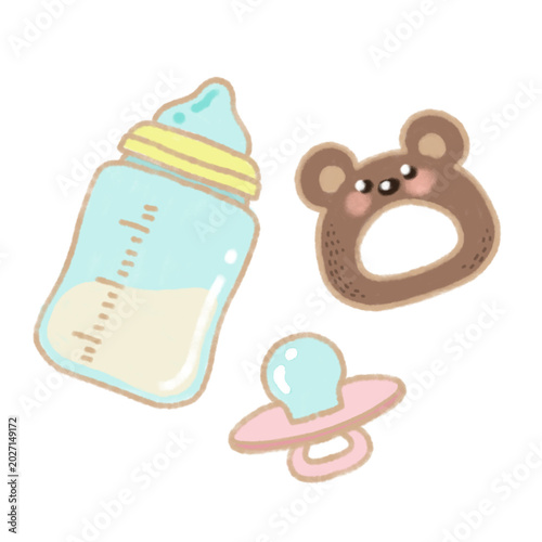 Fotografie Pastel baby bottle, pacifier and teddy teether illustration