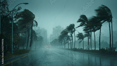 Tropical hurricane storm with strong wind bending palm trees on an empty city road ideal for climate disaster and extreme weather concepts