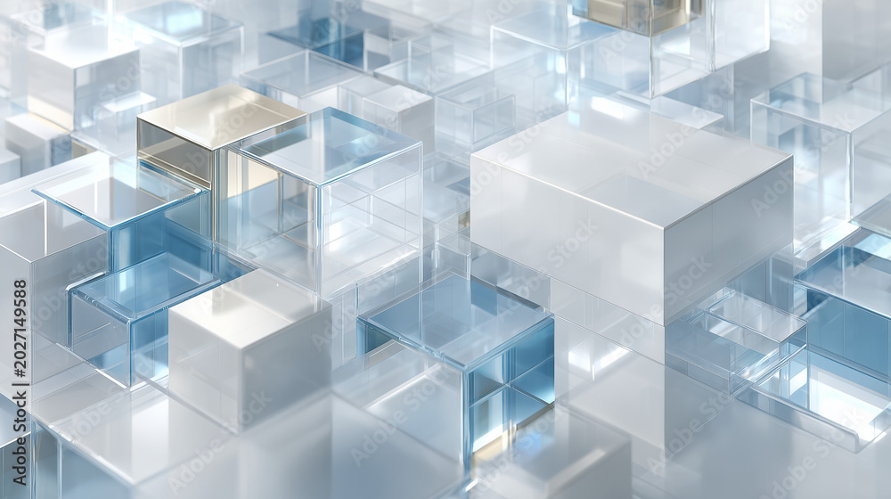 Obraz premium Abstract transparent geometric cubes floating in futuristic white space with reflective surfaces ideal for technology backgrounds and modern design