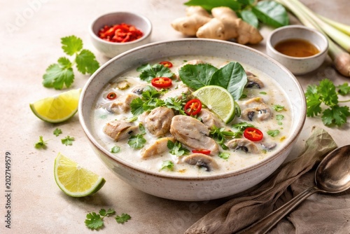 Thai chicken coconut soup Tom Kha Gai styled in studio on gentle pastel background with copy space
