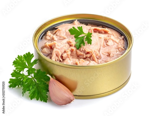Open tin of flaked fish with fresh parsley and garlic clove