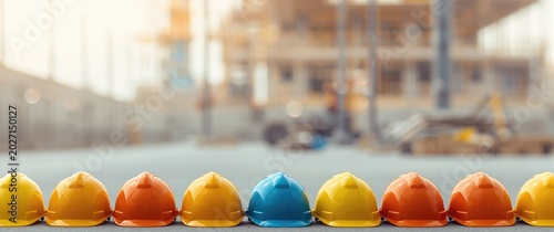 Colorful Construction Helmets in a Row Blurred Construction Site Background, Warm Light