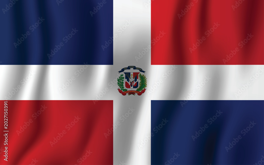 Fototapeta premium Dominican Republic flag waving realistically with national coat of arms and colors