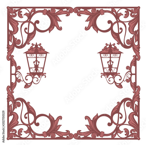antique style wrought iron ornament forming copy space square frame with hanging streetlights -  vintage bronze vector decorative background design with editable page border and corner elements