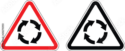 Foto Roundabout ahead icon set, clean modern flat vector traffic warning symbols featuring circular road signs for navigation guidance and transportation safety design