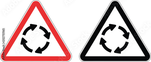 Cuadro en lienzo Roundabout ahead traffic sign icon set, circular warning road symbols with modern flat vector design for navigation transportation safety and traffic control systems