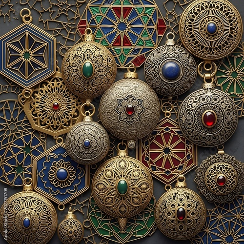 Ornate, decorative baubles and geometric metalwork in intricate patterns