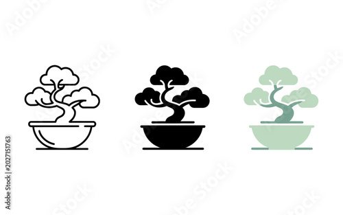 Japanese bonsai tree icon set featuring outline solid shape and green flat vector styles